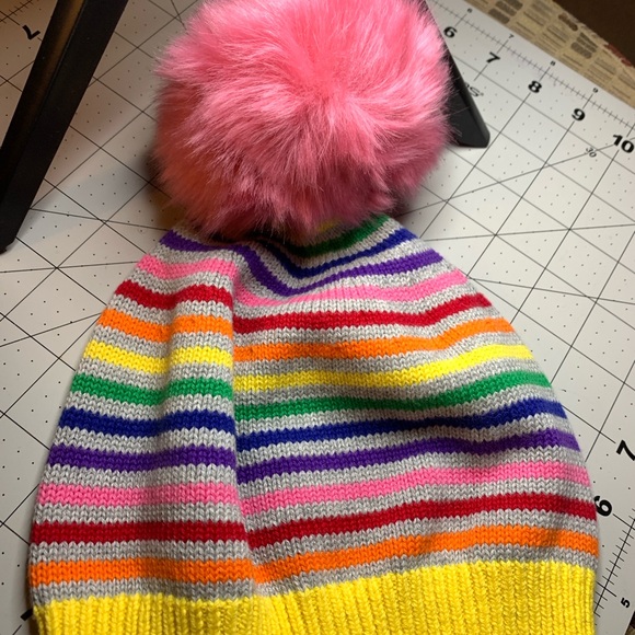 NWOT Hanna Anderson Medium Colorful Striped Beanie with Pink Pom Pom - Picture 8 of 8